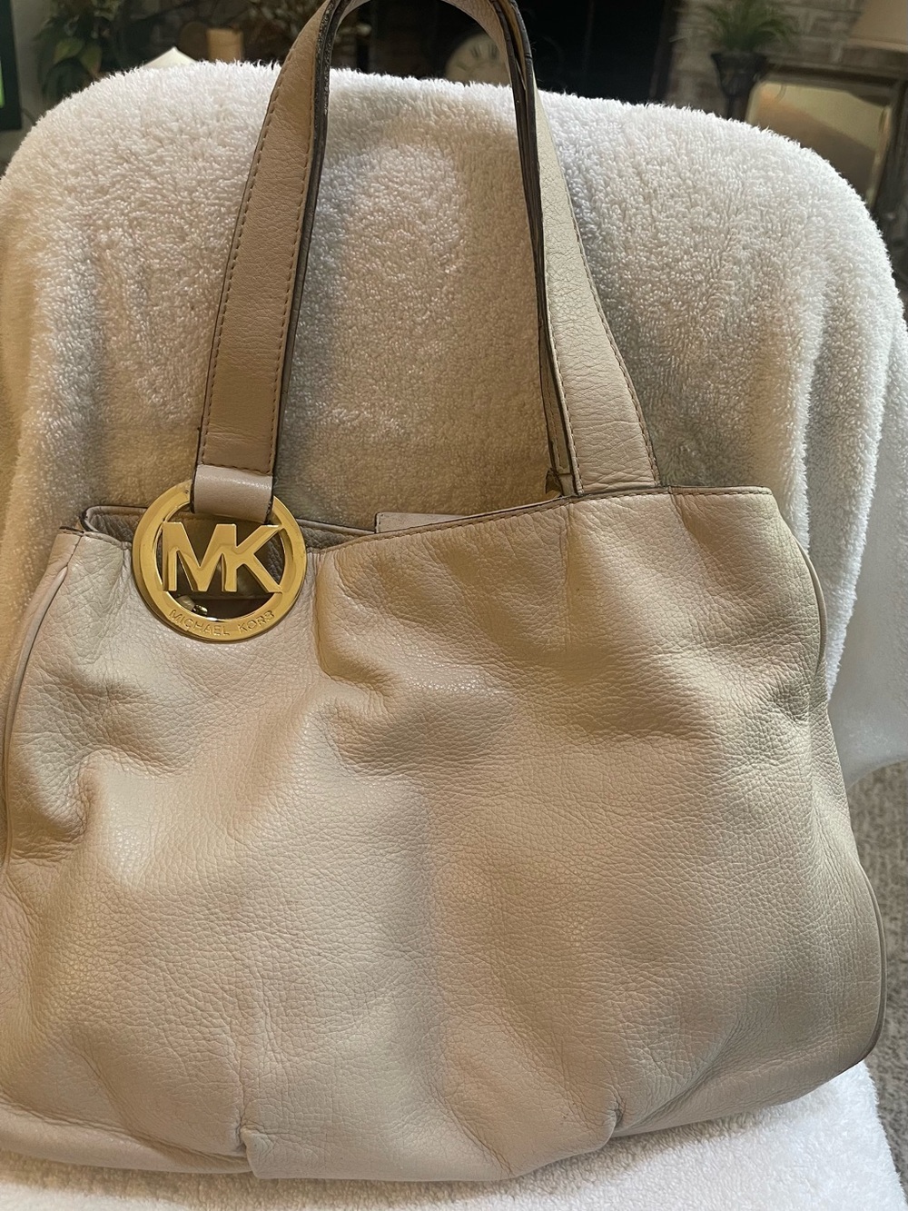 Michael Kors Bone Leather Tote with Gold MK Charm